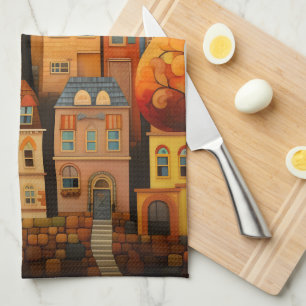 Colourful houses and trees in the fall tea towel