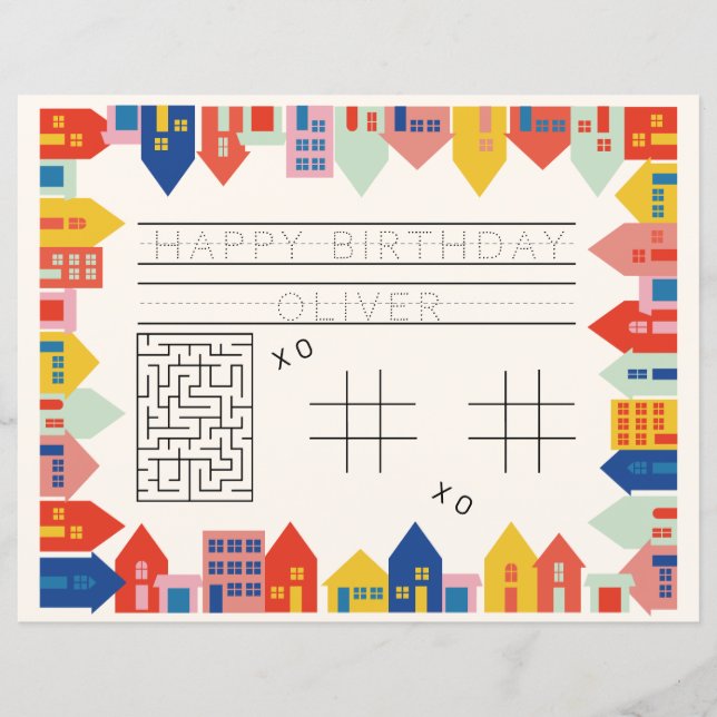 Colourful Houses Birthday Activity Placemat (Front)