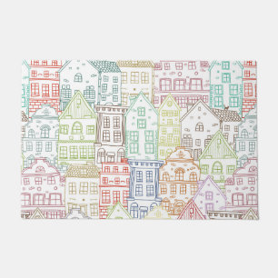 Colourful houses line art pattern doormat