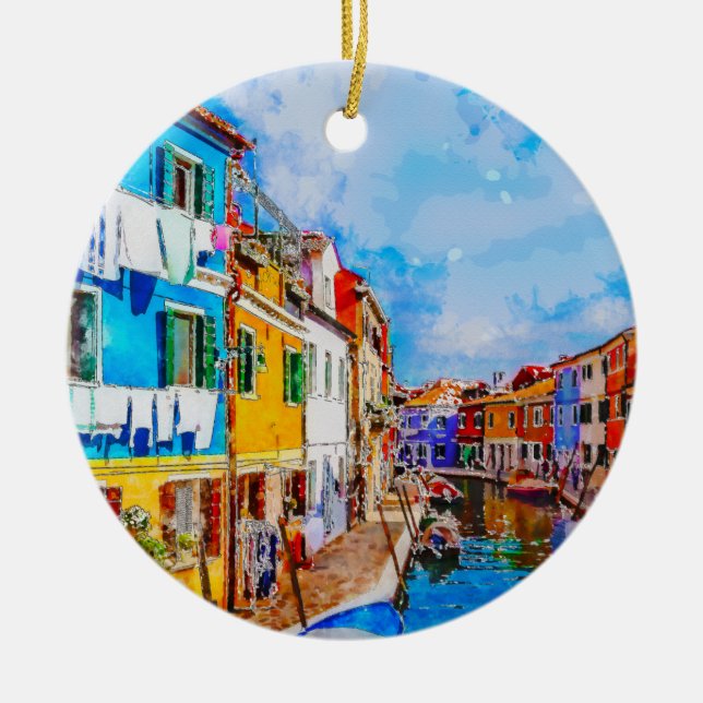 Colourful houses on Burano, Venice, Italy. Ceramic Tree Decoration (Front)