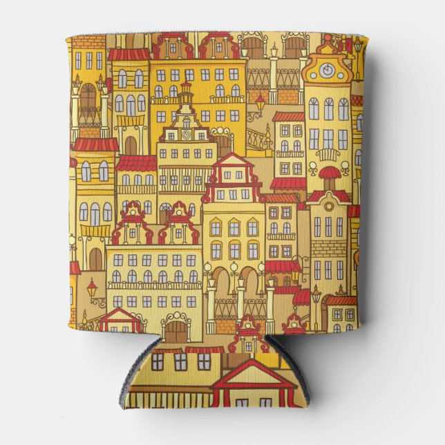 Colourful Houses Vintage City Pattern Can Cooler (Front)