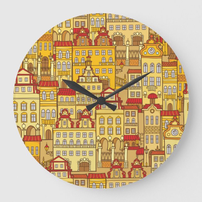 Colourful Houses Vintage City Pattern Large Clock (Front)