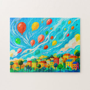 Colourful houses with balloons in windy sky jigsaw puzzle