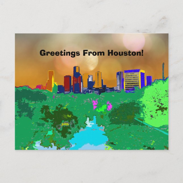 Colourful Houston City Skyline Souvenir Greetings Postcard (Front)
