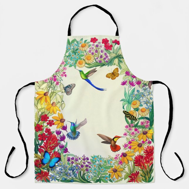 Colourful Hummingbird Butterfly Floral Garden Apron (Front)