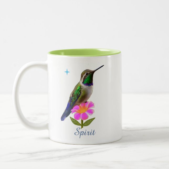 Colourful Hummingbird & Flower with Script on Whit Two-Tone Coffee Mug (Left)
