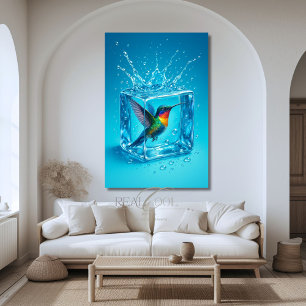 Colourful Hummingbird Inside Ice Cube Neon Blue  Poster