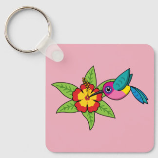 Colourful Hummingbird on Hibiscus Tropical Flower Key Ring