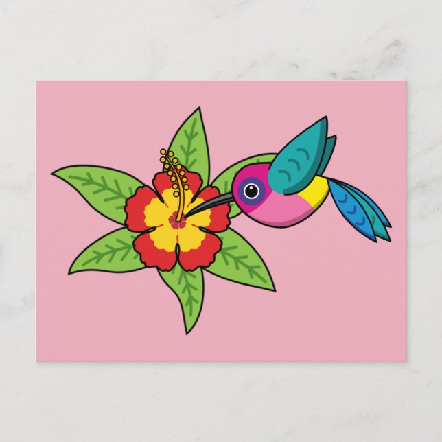 Colourful Hummingbird on Hibiscus Tropical Flower Postcard (Front)