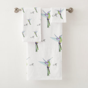 Colourful Hummingbird watercolor Monogram initial  Bath Towel Set