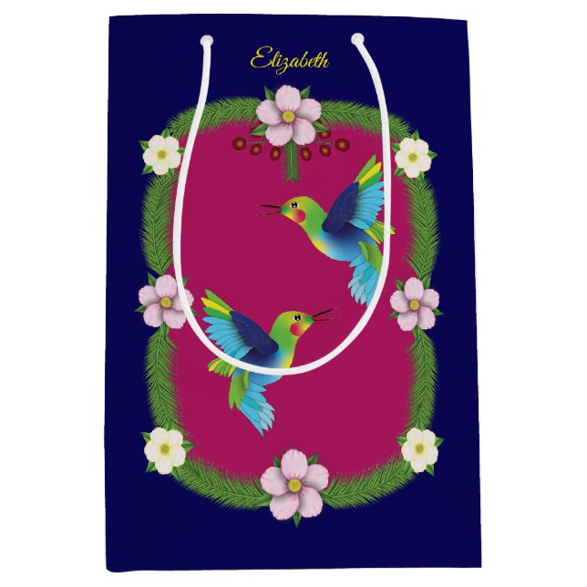 Colourful Hummingbirds.  Dark blue Medium Gift Bag (Front)