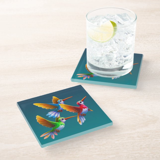 Colourful Hummingbirds in Flight Glass Coaster (Angled)
