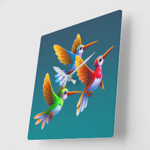 Colourful Hummingbirds in Flight Square Wall Clock