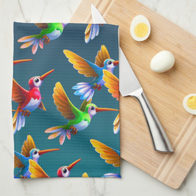 Colourful Hummingbirds in Flight Tea Towel (Quarter Fold)
