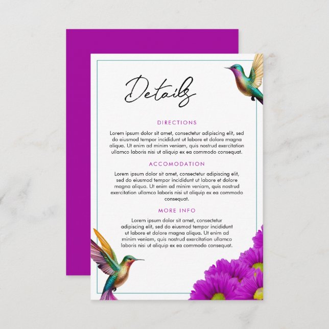 Colourful Hummingbirds Purple Daisies Wedding Enclosure Card (Front/Back)