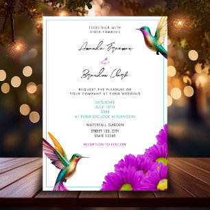 Colourful Hummingbirds Purple Daisies Wedding Invitation