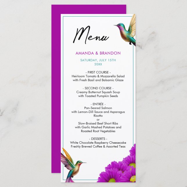 Colourful Hummingbirds Purple Daisies Wedding Menu (Front/Back)