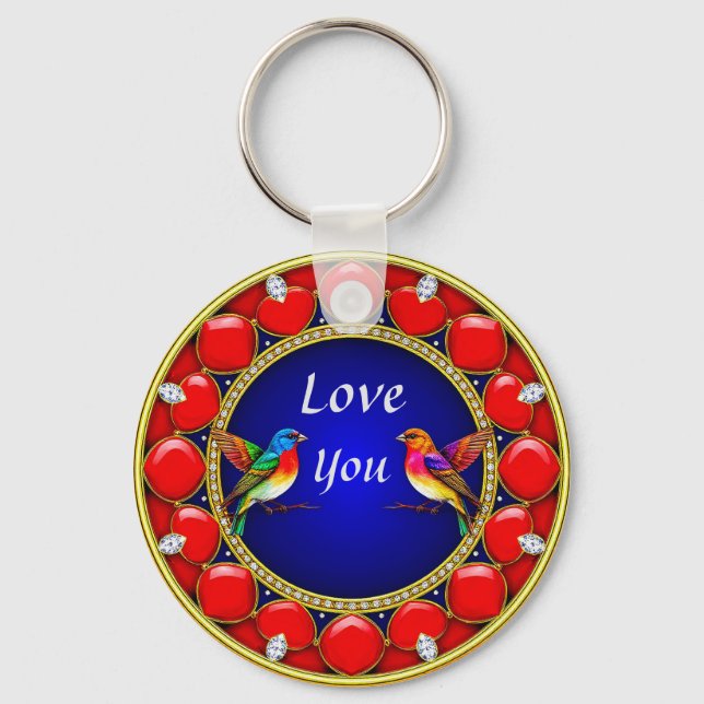 Colourful Hummingbirds Surrounded by Romantic Hear Key Ring (Front)