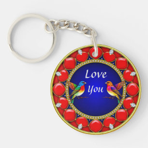 Colourful Hummingbirds Surrounded by Romantic Hear Key Ring
