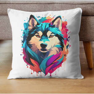Colourful Husky Dog Head Vibrant Husky Lovers  Cushion