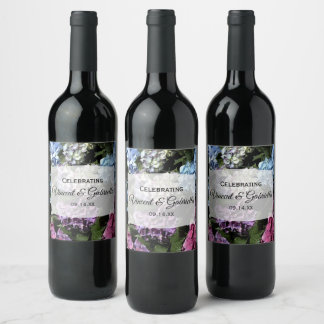 Colourful Hydrangea Flowers Wedding Wine Label
