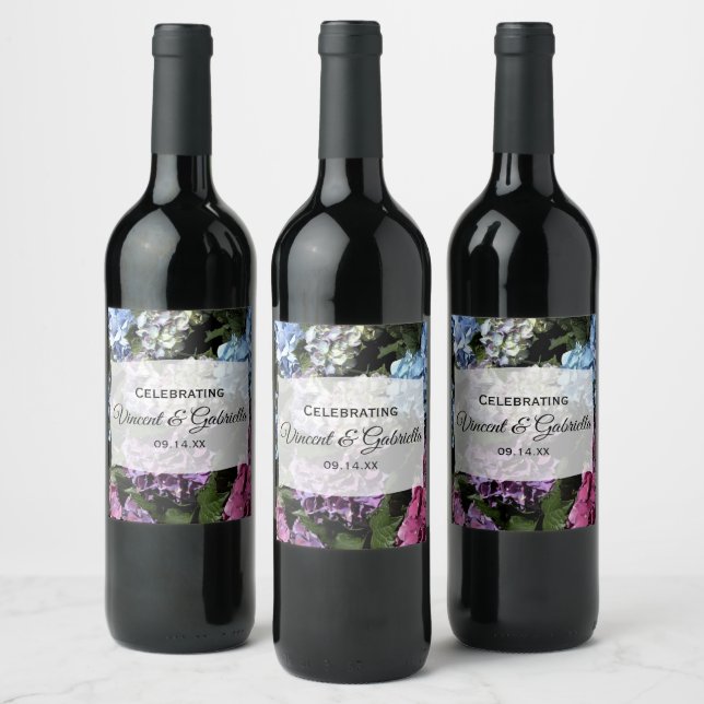 Colourful Hydrangea Flowers Wedding Wine Label (Bottles)