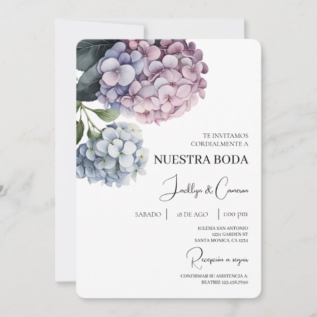 Colourful Hydrangea Spanish Wedding Invitation (Front)