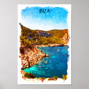 Colourful Ibiza Spain Watercolor Landscape Poster