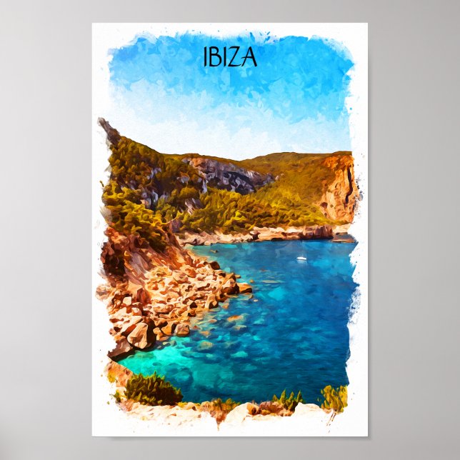 Colourful Ibiza Spain Watercolor Landscape Poster (Front)