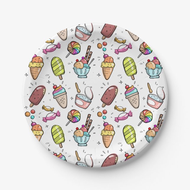 Colourful Ice Cream, Candy and Lollies Pattern Paper Plate (Front)