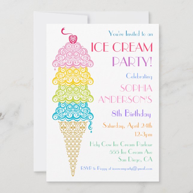 Colourful Ice Cream Cone Party Invitation (Front)