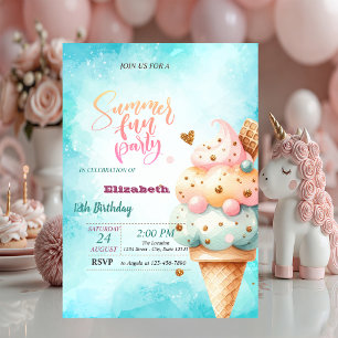 Colourful Ice Cream Cone Summer Birthday Party Invitation