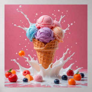 Colourful Ice Cream Cone with Splashing Milk Poster