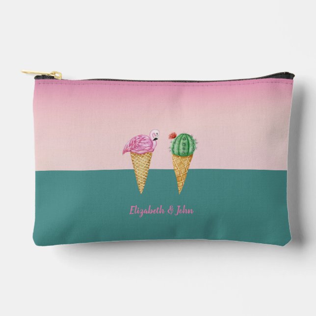 Colourful Ice Cream Cones Cactus Pink Flamingos Accessory Pouch (Front)