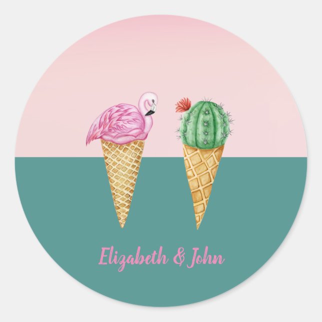 Colourful Ice Cream Cones Cactus Pink Flamingos Classic Round Sticker (Front)