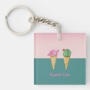 Colourful Ice Cream Cones Cactus Pink Flamingos Key Ring