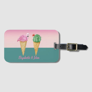 Colourful Ice Cream Cones Cactus Pink Flamingos Luggage Tag