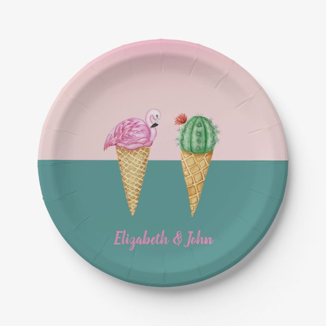 Colourful Ice Cream Cones Cactus Pink Flamingos Paper Plate (Front)