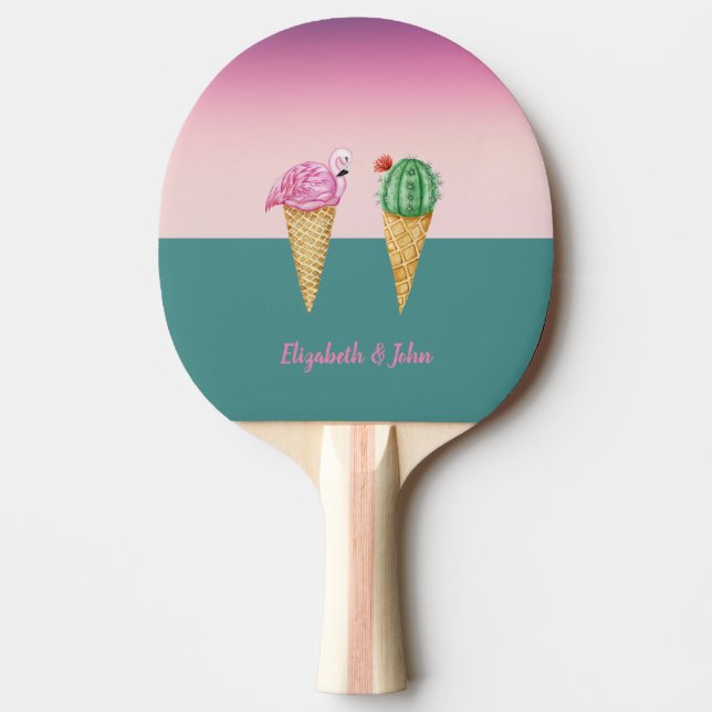 Colourful Ice Cream Cones Cactus Pink Flamingos Ping Pong Paddle (Front)
