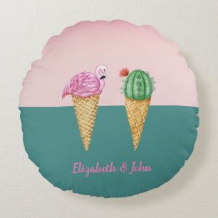 Colourful Ice Cream Cones Cactus Pink Flamingos Round Cushion