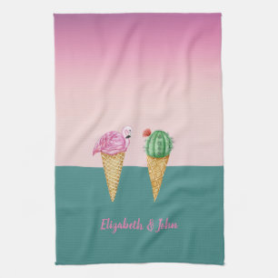 Colourful Ice Cream Cones Cactus Pink Flamingos Tea Towel