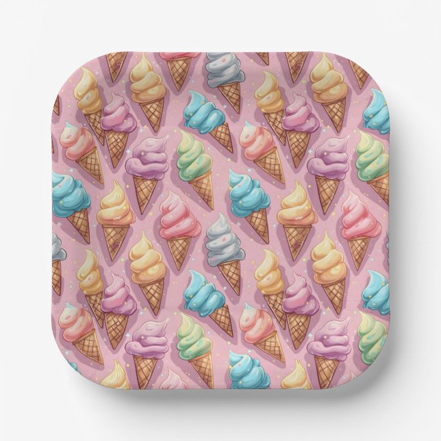 Colourful Ice Cream Cones On Pink Paper Plate (Front)