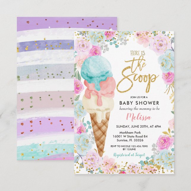 Colourful Ice Cream Pastel Flowers Baby Shower  Invitation (Front/Back)