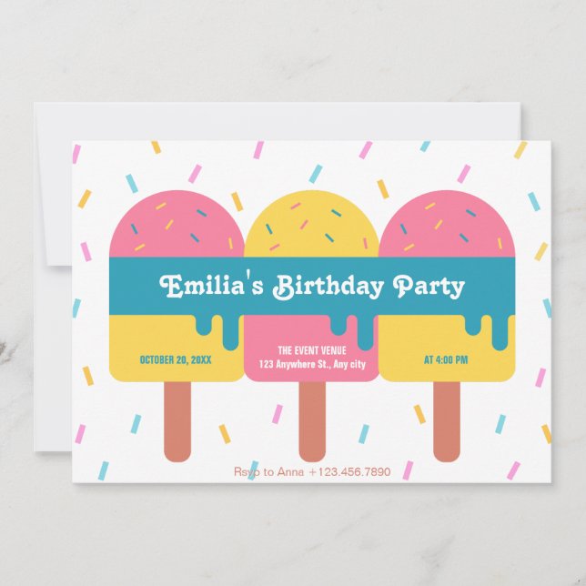 Colourful ice cream popsicle birthday invitation (Front)