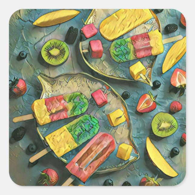 Colourful ice cream popsicles fruits square sticker (Front)