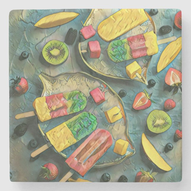 Colourful ice cream popsicles fruits stone coaster (Front)