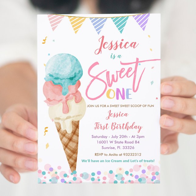 Colourful Ice Cream Sweet ONE Birthday Invitation (Creator Uploaded)