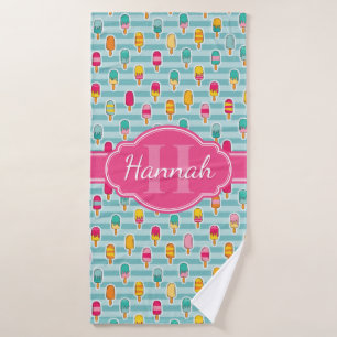 Colourful Ice Pop Pattern with Pink Monogram Bath Towel