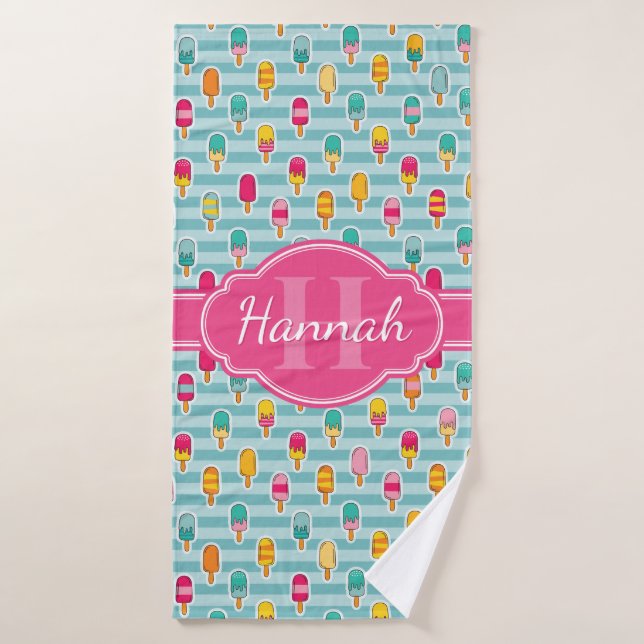 Colourful Ice Pop Pattern with Pink Monogram Bath Towel (Bath Towel)