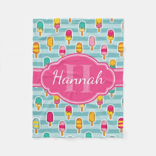 Colourful Ice Pop Pattern with Pink Monogram Fleece Blanket (Front)